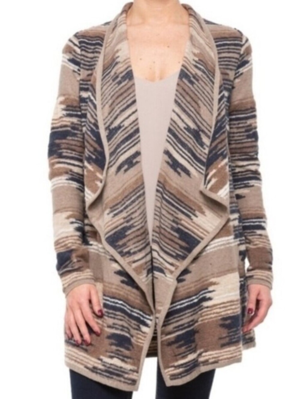 Lucky Brand Tan and Navy Aztec Print Open Front Cardigan Sweater - Size - Medium